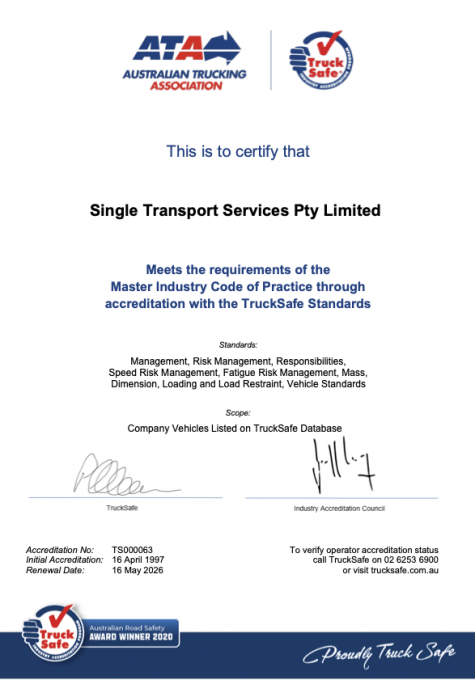 Single Transport Services Pty Limited Accreditation Certificate 2024C